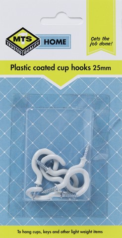 MTS HOME CUP HOOKS 25MM P/COATED 6PC