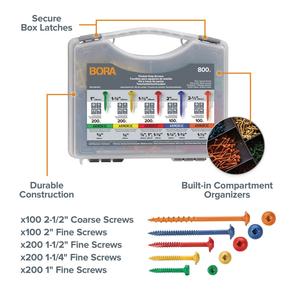 BORA 800-Piece Pocket-Hole Screw Kit Fine | BR-A180403